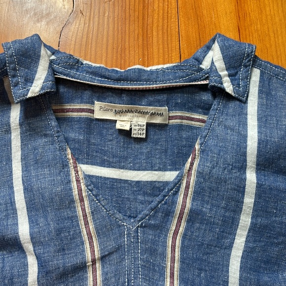 PILCRO Petite 2P Blue Stripe Linen Shirtdress V-Neck Lagenlook - Picture 2 of 8
